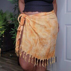 Henna orange tye dye embroidered fringe wrap sarong